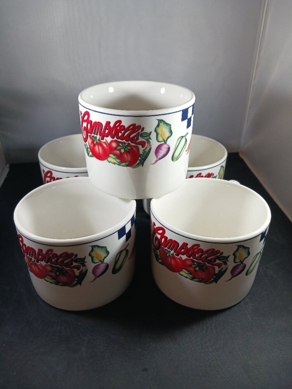 1997 Campbells Soup Cup Gibson Vegetable Bowl Coffee Mugs Checkered Rim SET OF 5